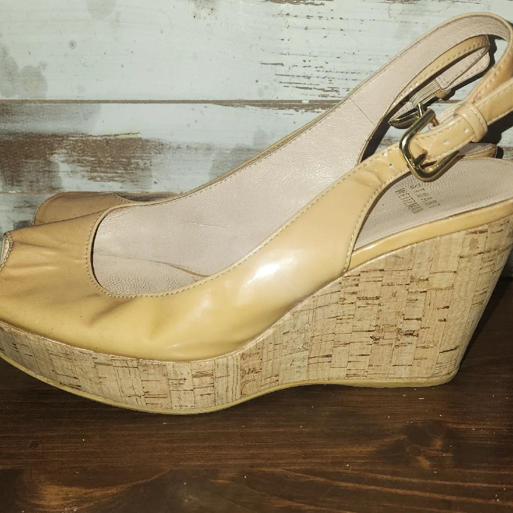 Stuart Weitzman Beige Patent Leather Jean Wedge Sandals - Picture 6 of 6